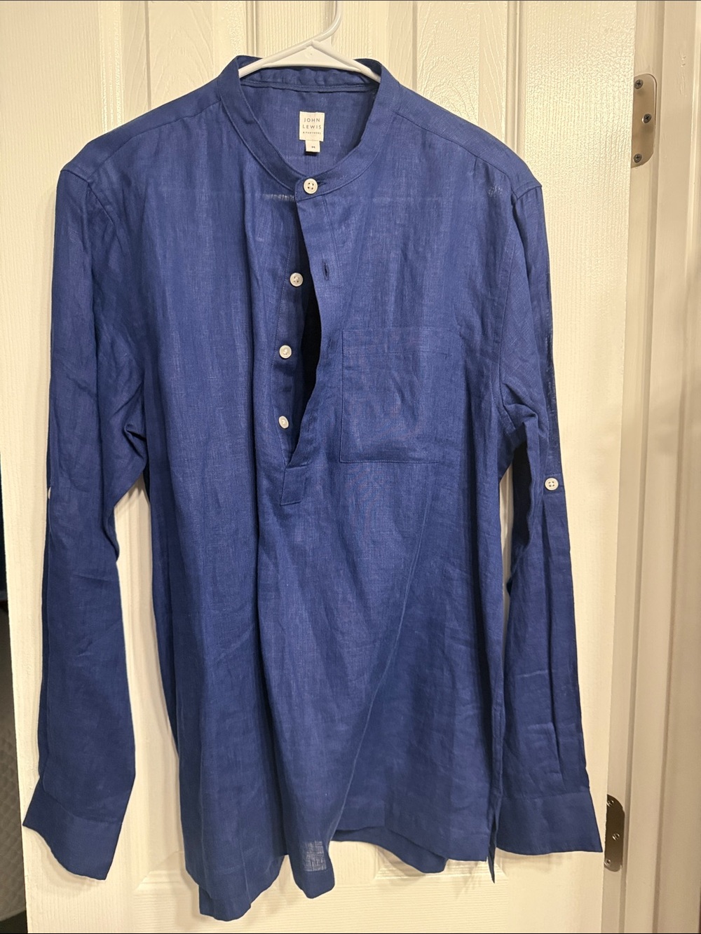 Men's Blue Linen Grandad Collar Button-Front Shirt